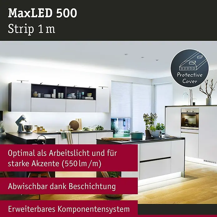 Paulmann MaxLED 500 LED-Band beschichtet - Länge: 1 m, Lichtfarbe: Tageslichtweiß, 6 W, 550 lm, Beschichtet - MaxLED 500 Strip 1 m: Optimale Arbeitsbeleuchtung und starke Akzente für moderne Küchen. Abwischbar und erweiterbares Komponentensystem.