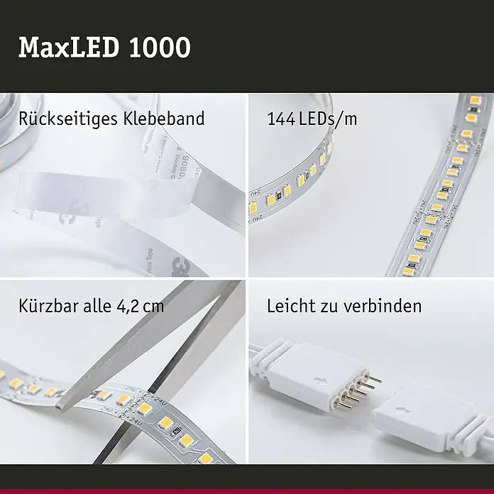 Paulmann MaxLED 1.000 LED-Band Basisset unbeschichtet - Länge: 1,5 m, Lichtfarbe: Tageslichtweiß, 17 W, 1.650 lm - MaxLED 1000 LED-Streifen mit Klebeband, 144 LEDs/m, kürzbar alle 4,2 cm und leicht zu verbinden für flexible Beleuchtungslösungen.