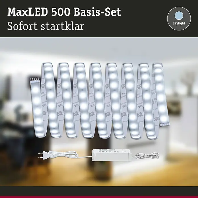 Paulmann MaxLED 500 LED-Band Basisset beschichtet - Länge: 3 m, Lichtfarbe: Tageslichtweiß, 17 W, 1.650 lm, 24 V - 36 V - Das MaxLED 500 Basis-Set, sofort startklar, bietet eine einfache und effektive Lösung für eine stimmungsvolle Beleuchtung im Haus.
