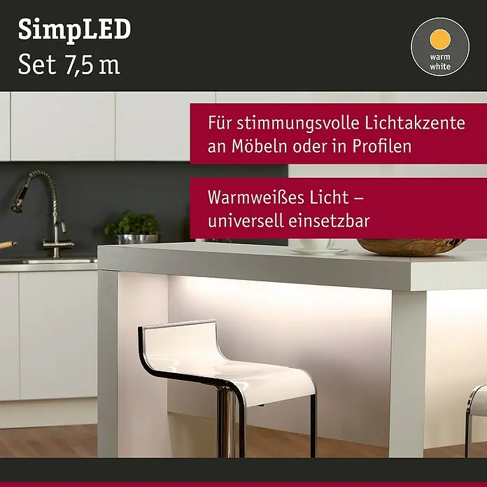 Paulmann LED-Band SimpLED - Länge: 7,5 m, Lichtfarbe: Warmweiß, 20 W - Das Bild zeigt das SimpLED Set 7,5 m, ein warmweißes Lichtsystem, das für stimmungsvolle Lichtakzente an Möbeln oder Profilen geeignet ist.