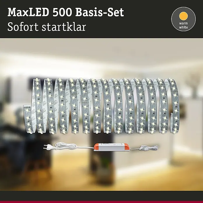 Paulmann MaxLED 500 LED-Band Function Basisset Warmweiß - L x H: 5 m x 3 mm, Silber, Warmweiß - MaxLED 500 Basis-Set, sofort startklar. Das Set enthält einen LED-Streifen, Netzteil und Zubehör für eine einfache Installation.