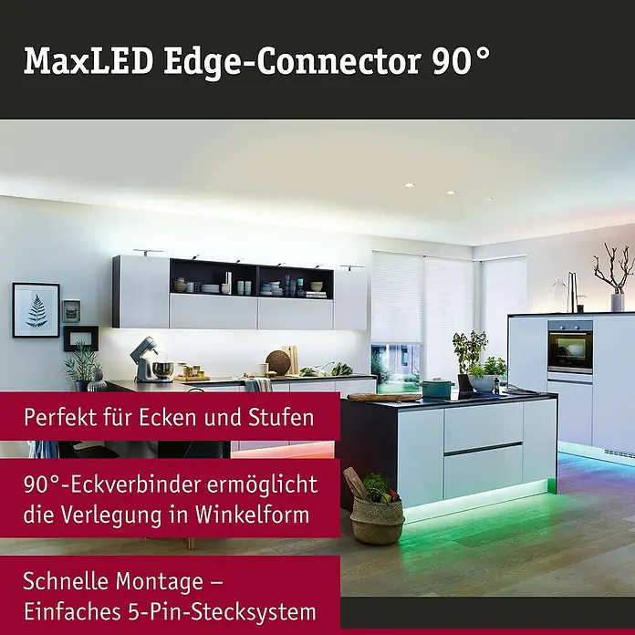 Paulmann MaxLED Eckverbinder Edge-Connector 90° - Kunststoff, L x B x H: 25 x 25 x 4,5 mm - Das Bild zeigt den MaxLED Edge-Connector 90° in einer modernen Küche, der für Ecken und Stufen geeignet ist.\n