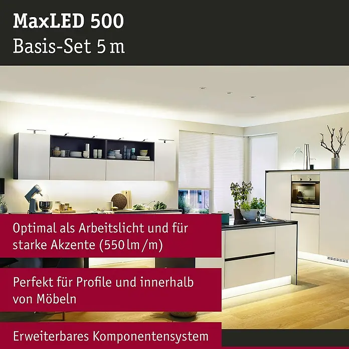 Paulmann MaxLED 500 LED-Band Function Basisset Warmweiß - L x H: 5 m x 3 mm, Silber, Warmweiß - MaxLED 500 Basis-Set 5m: LED-Streifen für Arbeitslicht und Akzente in Küche. Perfekt für Profile und Möbel, erweiterbares System.