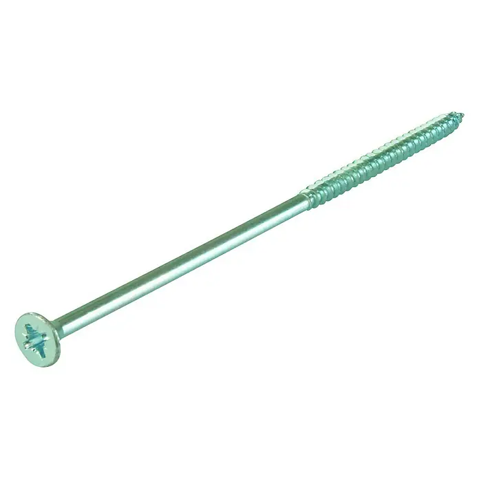 Spanplattenschraube - Ø x L: 3 x 12 mm, Verzinkt, 30 Stk., Senkkopf, Kopf-Kreuzschlitz (Pozidriv) - Nahaufnahme einer langen, silberfarbenen Holzschraube mit einem flachen Kreuzschlitzkopf und einem spitzen Ende mit Gewinde vor schwarzem Hintergrund.