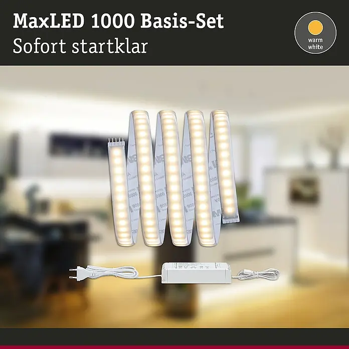 Paulmann MaxLED 1.000 LED-Band Basisset beschichtet - 150 cm, Warmweiß, 20 W, 1.650 lm - MaxLED 1000 Basis-Set mit warmweißen LED-Streifen, sofort einsatzbereit, ideal für stimmungsvolle Beleuchtung im Innenbereich.