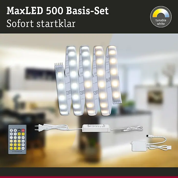Paulmann MaxLED 500 LED-Band Function Tunable White Basisset - Länge: 1,5 m, Silber - Das MaxLED 500 Basis-Set "Sofort startklar" mit abstimmbarem Weiß präsentiert LED-Streifen, Steuerung und Zubehör für sofortige Beleuchtung.