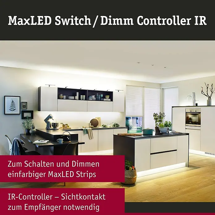 Paulmann MaxLED Dimm- & Schaltcontroller - Kunststoff - MaxLED Schalter/Dimmregler IR. Zum Schalten und Dimmen einfarbiger MaxLED Strips. IR-Controller - Sichtkontakt zum Empfänger notwendig.