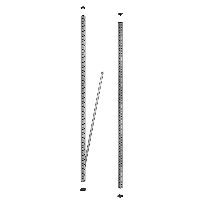 Scholz System Regalpfosten Anbauelement - Länge: 264 cm - Produktansicht von zwei silbernen Ständern mit quadratischen Löchern und einer silbernen Stange.