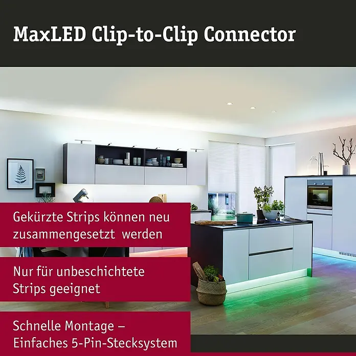 Paulmann MaxLED Verbinder Clip-to-Clip Connector - Kunststoff - MaxLED Clip-to-Clip Connector. Das Bild zeigt eine moderne Küche mit LED-Strips unter der Kücheninsel.