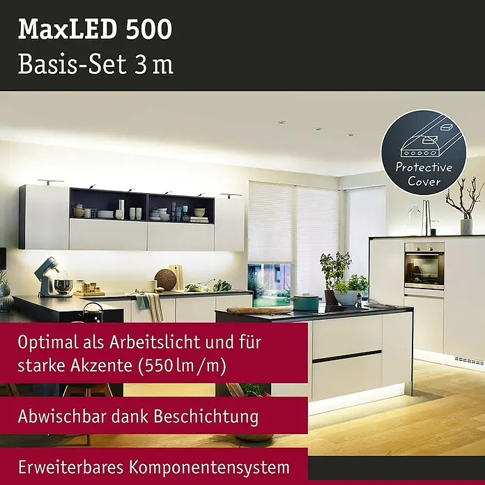 Paulmann MaxLED 500 LED-Band Basisset beschichtet - Länge: 3 m, Lichtfarbe: Warmweiß, 20 W, 1.650 lm, 24 V - 36 V - MaxLED 500 Basis-Set 3 m: LED-Streifen für die Küche, sorgt für optimales Arbeitslicht und starke Akzente mit 550 lm/m, abwischbar.