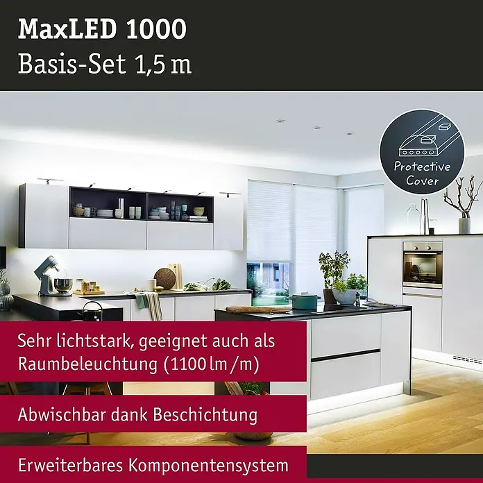 Paulmann MaxLED 1.000 LED-Band Basisset beschichtet - 150 cm, Tageslichtweiß, 17 W, 1.650 lm - MaxLED 1000 Basis-Set 1,5 m: LED-Streifen für die Raumbeleuchtung mit hoher Lichtstärke und abwischbarer Beschichtung für erweiterbare Systeme.