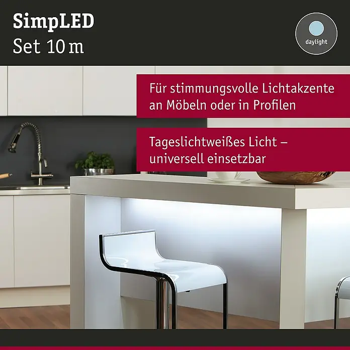Paulmann LED-Band Strip - Länge: 10 m, Lichtfarbe: Tageslichtweiß, 22 W, 1.870 lm - SimpLED Set 10m: LED-Streifen für stimmungsvolle Lichtakzente in der Küche. Tageslichtweißes Licht, universell einsetzbar.
