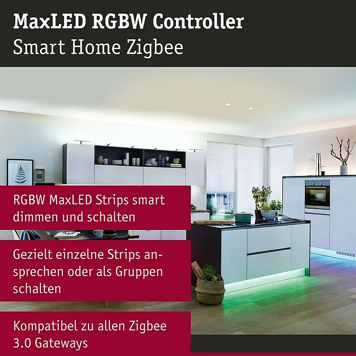 Paulmann Smart Home ZigBee RGBW Controller MaxLED - Kunststoff - MaxLED RGBW Controller Smart Home Zigbee. Steuern Sie Ihre RGBW MaxLED-Strips per Zigbee Gateway und lassen Sie Ihr Zuhause erstrahlen.