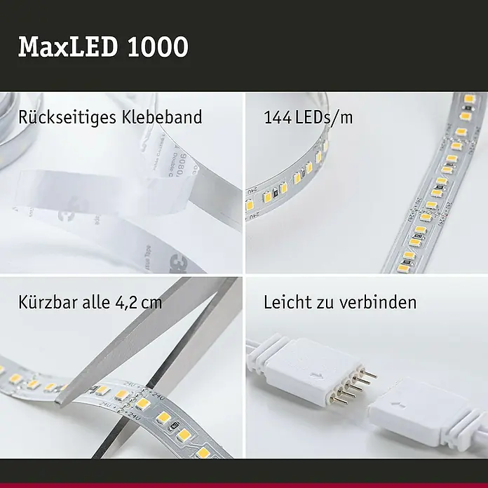 Paulmann MaxLED 1.000 LED-Band Function unbeschichtet - Länge: 1 m, Lichtfarbe: Tageslichtweiß, 11,5 W, 1.100 lm, Unbeschichtet - MaxLED 1000 LED-Streifen mit rückseitigem Klebeband, 144 LEDs/m, kürzbar alle 4,2 cm und leicht zu verbinden für flexible Beleuchtungslösungen.