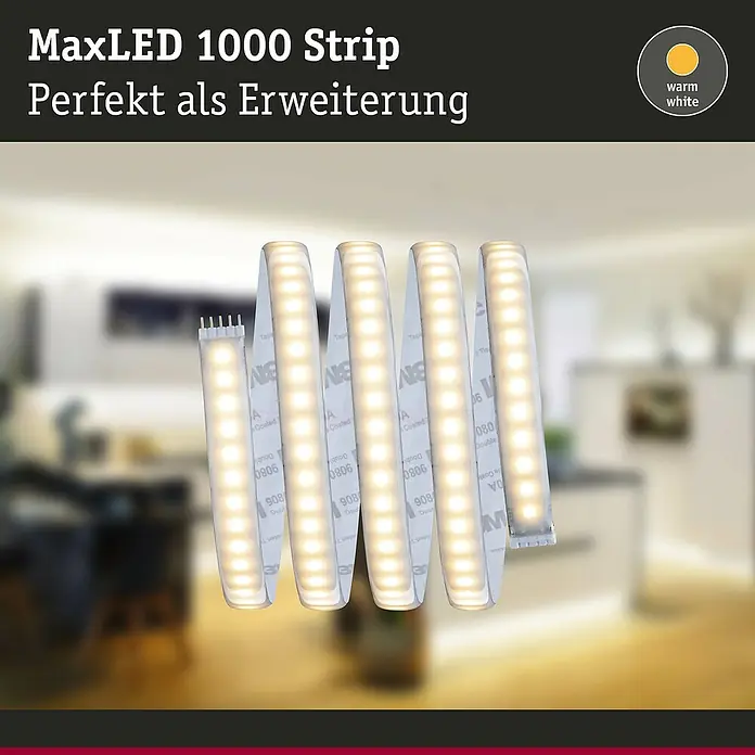 Paulmann MaxLED 1.000 LED-Band Function beschichtet - Länge: 1 m, Lichtfarbe: Warmweiß, 13,5 W, 1.100 lm, Beschichtet - Abbildung eines MaxLED 1000 Strips, perfekt als Erweiterung für Beleuchtungslösungen, mit warmweißem Licht und Klebeband für einfache Montage.