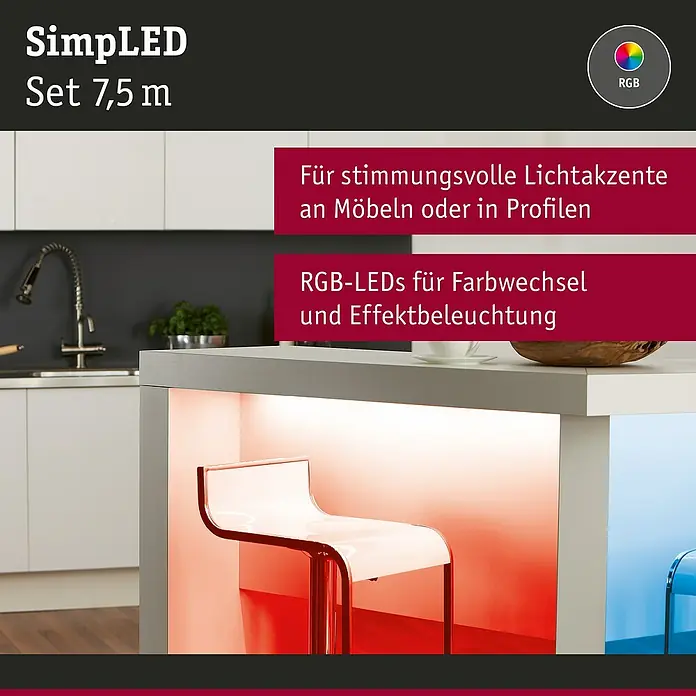 Paulmann LED-Band SimpLED - 7,5 m, RGB - Das Bild zeigt das SimpLED Set 7,5 m, das für stimmungsvolle Lichtakzente an Möbeln sorgt und RGB-LEDs für Farbwechsel und Effektbeleuchtung bietet.