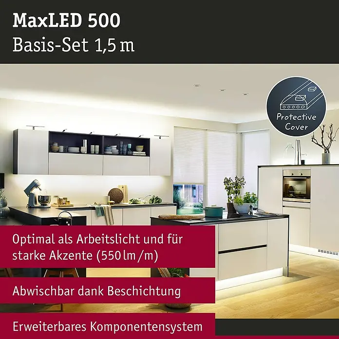 Paulmann MaxLED 500 LED-Band Basisset beschichtet - Länge: 1,5 m, Lichtfarbe: Warmweiß, 10 W, 825 lm - Bild einer MaxLED 500 Basis-Set 1,5 m LED-Leuchte in einer modernen Küche, die Arbeitsbereiche optimal beleuchtet.