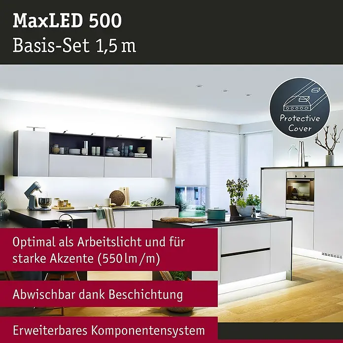 Paulmann MaxLED 500 LED-Band Basisset beschichtet - Länge: 1,5 m, Lichtfarbe: Tageslichtweiß, 8,5 W, 825 lm - MaxLED 500 Basis-Set 1,5 m: LED-Streifen für Arbeitsflächen und Akzente, abwischbar und erweiterbar für individuelle Lichtlösungen in der Küche.