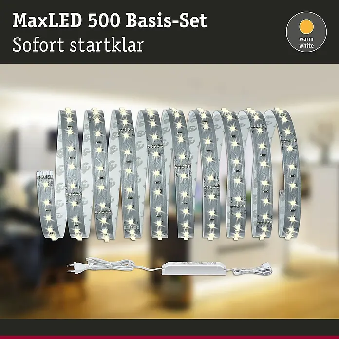 Paulmann MaxLED 500 LED-Band Basisset unbeschichtet - Länge: 3 m, Lichtfarbe: Warmweiß, 20 W, 1.650 lm - MaxLED 500 Basis-Set: Sofort startklar. LED-Streifen für stimmungsvolle Beleuchtung im Innenbereich. Einfache Installation und warmweißes Licht.