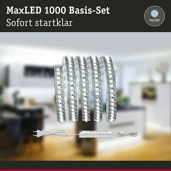 Paulmann MaxLED 1.000 LED-Band Basisset unbeschichtet - Länge: 1,5 m, Lichtfarbe: Tageslichtweiß, 17 W, 1.650 lm - MaxLED 1000 Basis-Set mit LED-Streifen und Netzteil für sofortige Beleuchtung. Ideal für Innenräume, energieeffizient und einfach zu installieren.