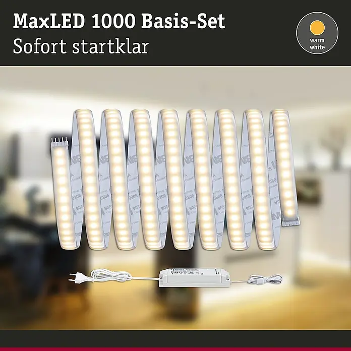 Paulmann MaxLED 1.000 LED-Band Basisset beschichtet - 300 cm, Warmweiß, 40 W, 3.300 lm - Produktbild eines MaxLED 1000 Basis-Sets, sofort einsatzbereit, mit warmweißen LEDs und Zubehör für eine einfache Installation.
