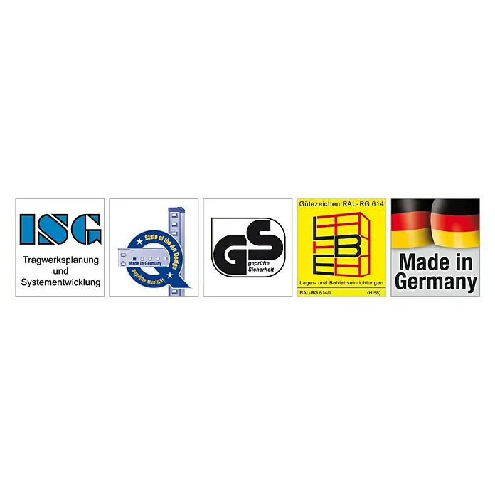 Scholz System Regalpfosten Anbauelement - Länge: 300 cm - Bild mit Logos, die "Made in Germany" und Qualitätsstandards wie GS-geprüfte Sicherheit und Gütezeichen RAL-RG 614 anzeigen.