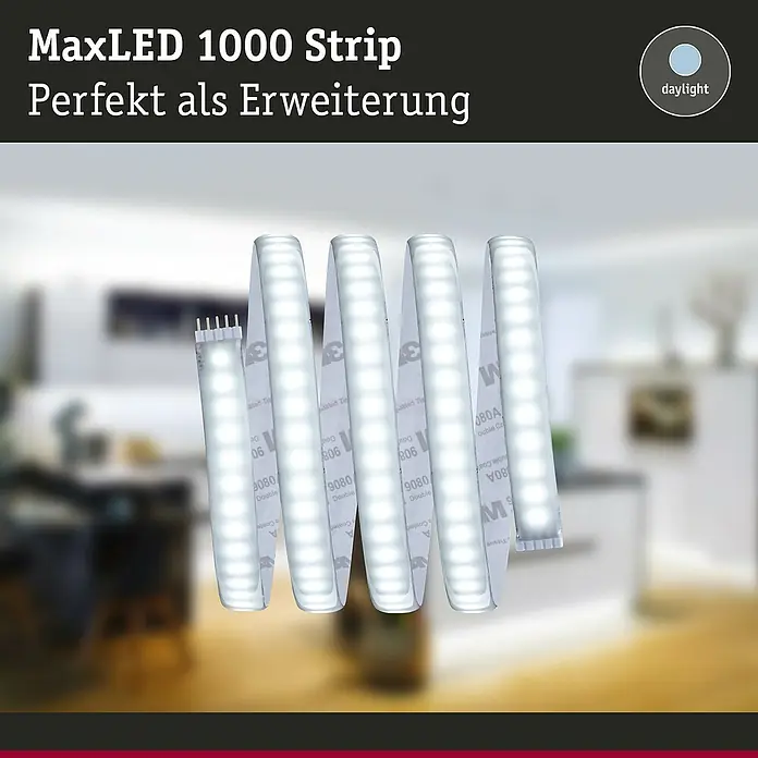 Paulmann MaxLED 1.000 LED-Band Function beschichtet - Länge: 1 m, Lichtfarbe: Tageslichtweiß, 11,5 W, 1.100 lm, Beschichtet - Nahaufnahme eines MaxLED 1000 LED-Streifens, ideal als Erweiterung für Beleuchtungsprojekte mit Tageslichtoption.