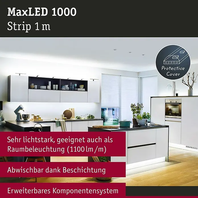 Paulmann MaxLED 1.000 LED-Band Function beschichtet - Länge: 1 m, Lichtfarbe: Tageslichtweiß, 11,5 W, 1.100 lm, Beschichtet - MaxLED 1000 Strip 1 m: Die LED-Strips sorgen für eine helle Raumbeleuchtung. Abwischbar und erweiterbares Komponentensystem.