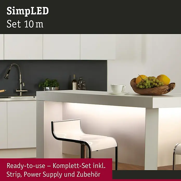 Paulmann LED-Band SimpLED - Länge: 10 m, Lichtfarbe: Warmweiß, 22 W, 1.920 lm - Abbildung eines SimpLED 10m Sets, ein gebrauchsfertiges LED-Streifen-Set für die Beleuchtung in Ihrem Zuhause.