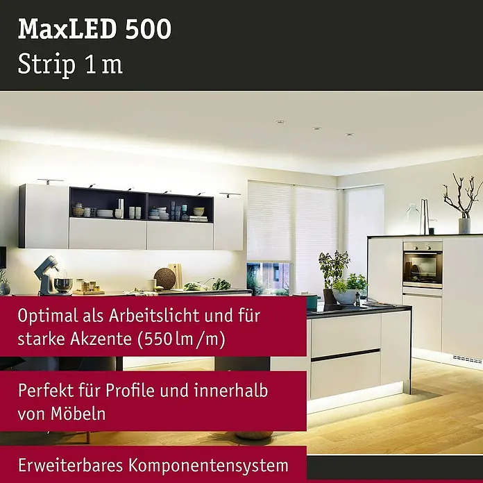 Paulmann MaxLED 500 LED-Band unbeschichtet - Länge: 1 m, Lichtfarbe: Warmweiß, 7 W, 550 lm, Unbeschichtet - Das Bild zeigt einen MaxLED 500 Strip 1 m, der optimal als Arbeitslicht und für starke Akzente in einer modernen Küche eingesetzt wird.