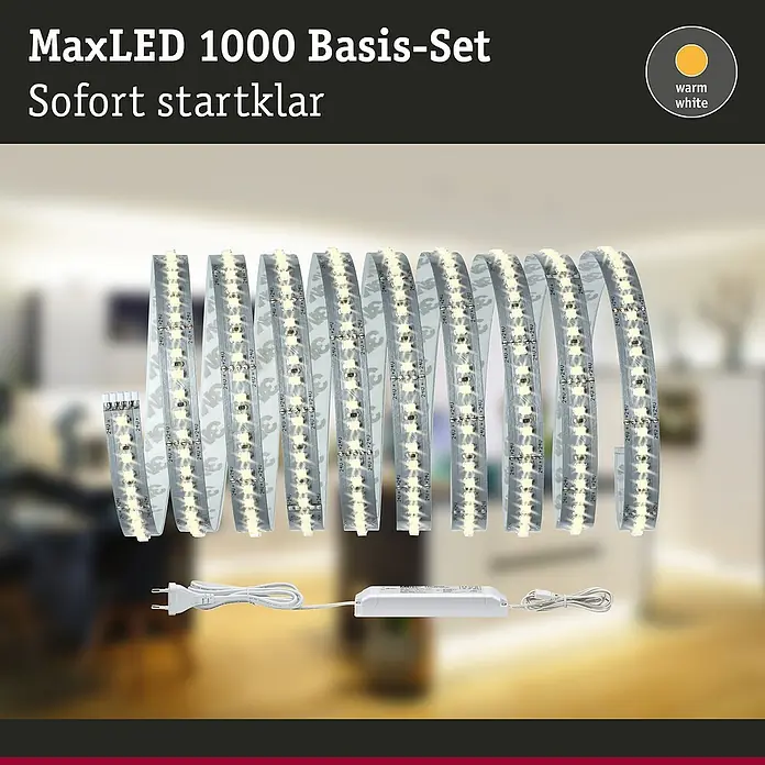 Paulmann MaxLED 1.000 LED-Band Basisset unbeschichtet - Länge: 3 m, Lichtfarbe: Warmweiß, 40 W, 3.300 lm - Das MaxLED 1000 Basis-Set "Sofort startklar" mit warmweißen LEDs ist ideal für eine stimmungsvolle Beleuchtung und einfache Installation.