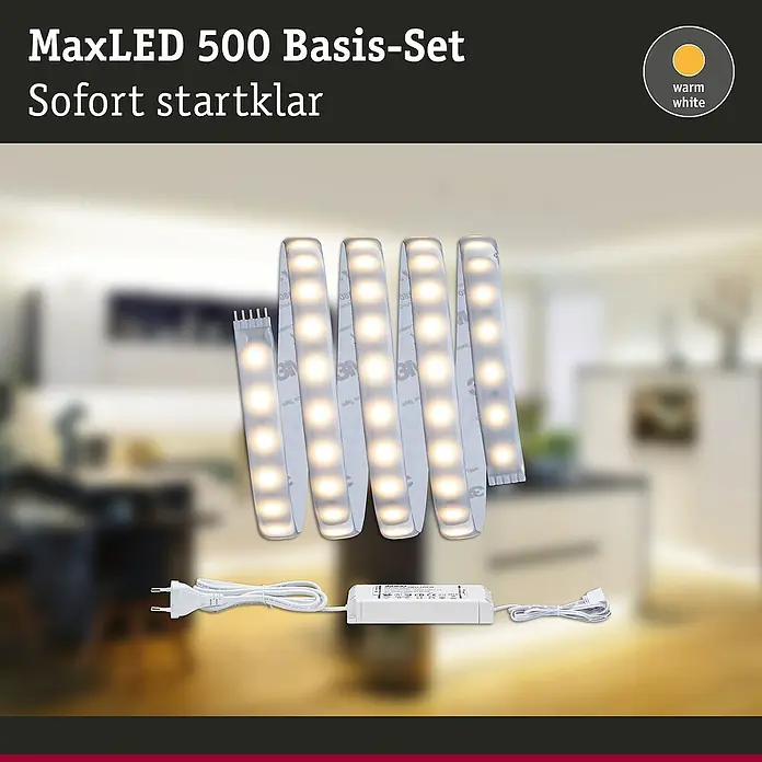 Paulmann MaxLED 500 LED-Band Basisset beschichtet - Länge: 1,5 m, Lichtfarbe: Warmweiß, 10 W, 825 lm - MaxLED 500 Basis-Set: Sofort startklar für stimmungsvolle Beleuchtung. Inklusive LED-Streifen, Netzteil und Zubehör für einfache Installation.