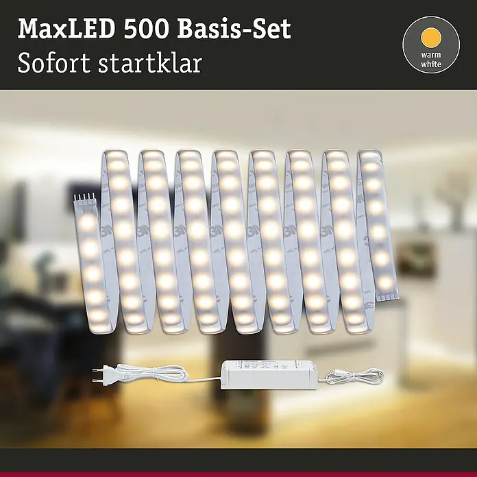 Paulmann MaxLED 500 LED-Band Basisset beschichtet - Länge: 3 m, Lichtfarbe: Warmweiß, 20 W, 1.650 lm, 24 V - 36 V - Bild eines MaxLED 500 Basis-Sets, sofort einsatzbereit, mit warmweißen LED-Streifen, Netzteil und Stecker.