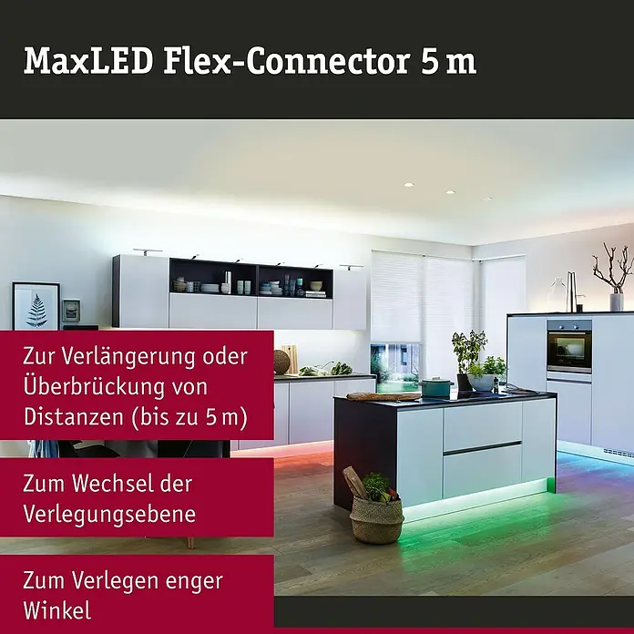 Paulmann MaxLED Verbindungskabel Flex-Connector - 500 cm - Das Bild zeigt ein MaxLED Flex-Connector 5 m Set, das in einer modernen Küche zur Beleuchtung eingesetzt wird.