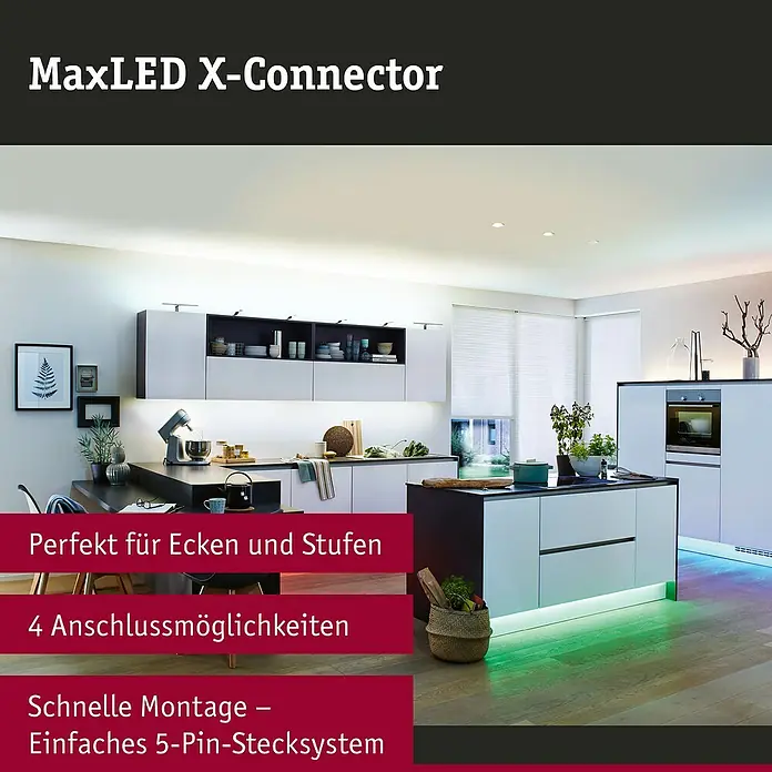 Paulmann MaxLED Verbinder X-Connector - Kunststoff - MaxLED X-Connector: Flexibles Verbindungssystem für LED-Streifen, ideal für Ecken und Stufen, einfache Montage mit 5-Pin-Stecksystem.