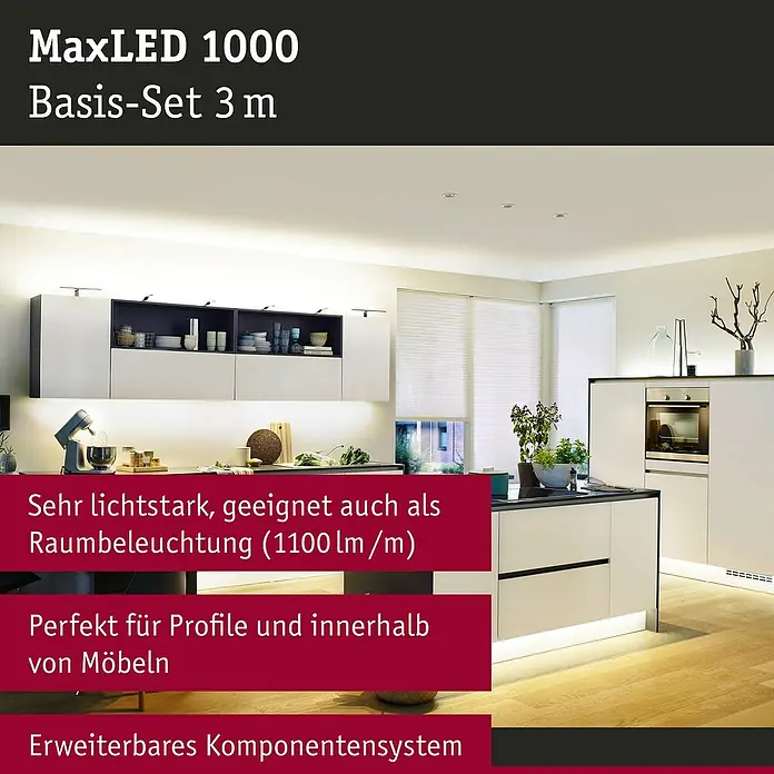 Paulmann MaxLED 1.000 LED-Band Basisset unbeschichtet - Länge: 3 m, Lichtfarbe: Warmweiß, 40 W, 3.300 lm - MaxLED 1000 Basis-Set 3m: Das LED-Streifen-System für eine helle und flexible Raumbeleuchtung in der Küche, ideal für Möbelintegration.