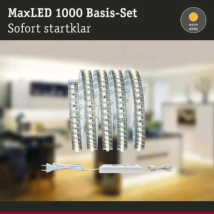 Paulmann MaxLED 1.000 LED-Band Basisset unbeschichtet - Länge: 1,5 m, Lichtfarbe: Warmweiß, 20 W, 1.650 lm - MaxLED 1000 Basis-Set: Das sofort startklare LED-Strip-Set für stimmungsvolle Beleuchtung in warmweiß, inklusive Netzteil und Stecker.