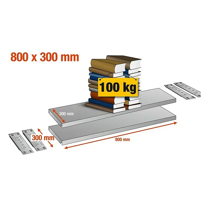 Scholz System Fachboden-Set - 80 x 30 cm, Traglast: 100 kg - Das Bild zeigt zwei graue Regalböden mit einer Tragkraft von 100 kg, ideal für Bücher. Die Maße betragen 800 x 300 mm.