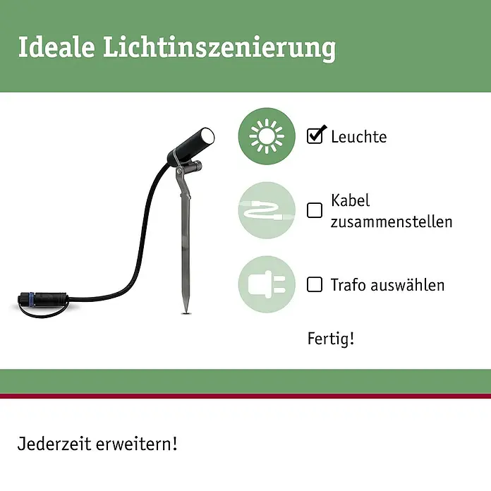 Paulmann Plug & Shine LED-Gartenspot-Set Plantini Erweiterung - 2 W, IP44 Schutzkontakt-Stecker, IP44 - Gartenstrahler mit Erdspieß und Kabel, ideal für die Lichtinszenierung im Außenbereich. Einfache Installation für stimmungsvolle Beleuchtung.