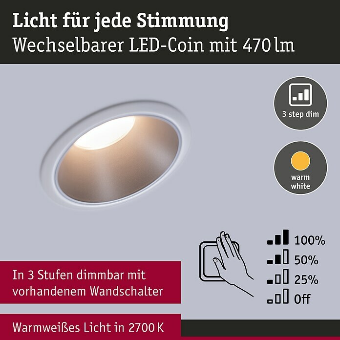 Paulmann LED-Einbauleuchte Cole (6,5 W, Weiß/Silber, Warmweiß, 1 Stk.) | BAUHAUS