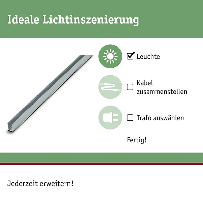 Paulmann Plug & Shine Montageschiene für Neon Stripe - Länge: 1 m - Das Bild zeigt eine Lichtleiste mit dem Text "Ideale Lichtinszenierung" und den Schritten zur Installation.