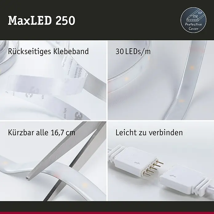 Paulmann MaxLED 250 LED-Band Basisset Protecting Cover - Länge: 3 m, Lichtfarbe: Tageslichtweiß, 12 W, 900 lm, IP44 - Bild einer MaxLED 250 LED-Leiste, die Flexibilität und einfache Installation durch Klebeband, Kürzbarkeit und Verbindungselemente bietet.