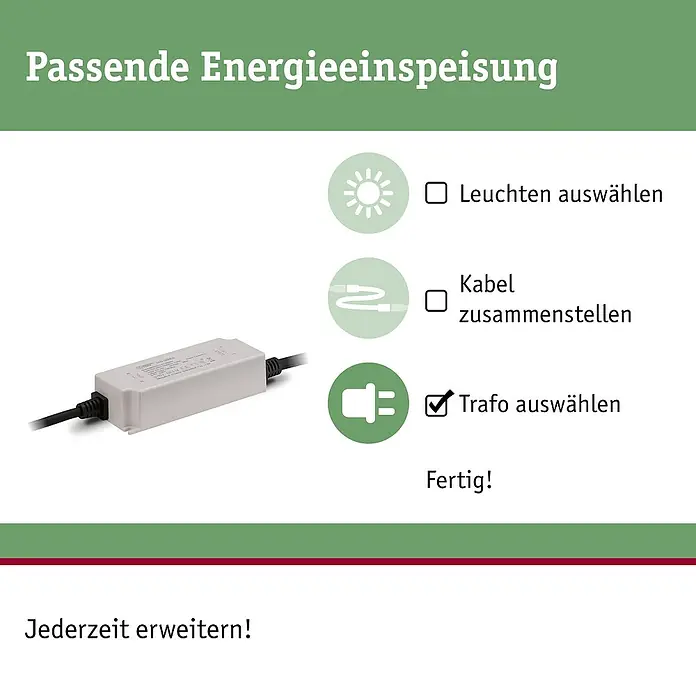 Paulmann Plug & Shine LED-Trafo - Max. Leistung: 75 W, 24 V, Silber, IP67 - Illustration einer passenden Energieeinspeisung mit Optionen zur Auswahl von Leuchten, Kabeln und einem Trafo.