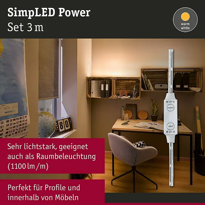 Paulmann LED-Band Power Strip - Länge: 3 m, Lichtfarbe: Warmweiß, 33 W, 3.300 lm, 24 V - Abbildung eines SimpLED Power Set 3 m, das warmweißes Licht ausstrahlt und sich ideal für Möbel und Profile eignet.