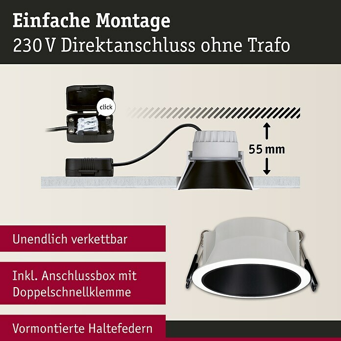 Paulmann LED-Einbauleuchte Cole (6,5 W, Weiß/Schwarz, Warmweiß, 1 Stk.)