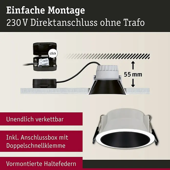 Paulmann LED-Einbauleuchte Cole - 6,5 W, Weiß/Schwarz, Warmweiß, 1 Stk. - Abbildung einer LED-Einbauleuchte mit Zubehör, die eine einfache Montage und einen direkten 230-V-Anschluss ohne Trafo ermöglicht.