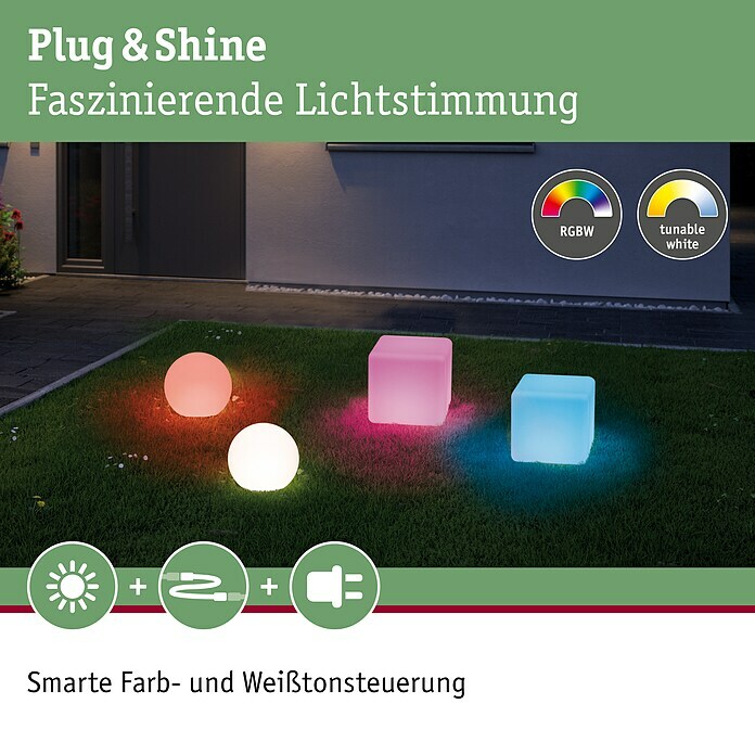 Paulmann Plug & Shine LED-Gartenstrahler Cube (2,8 W, Weiß, Per App steuerbar, IP65, L x B x H: 20 x 20 x 20 cm) | BAUHAUS