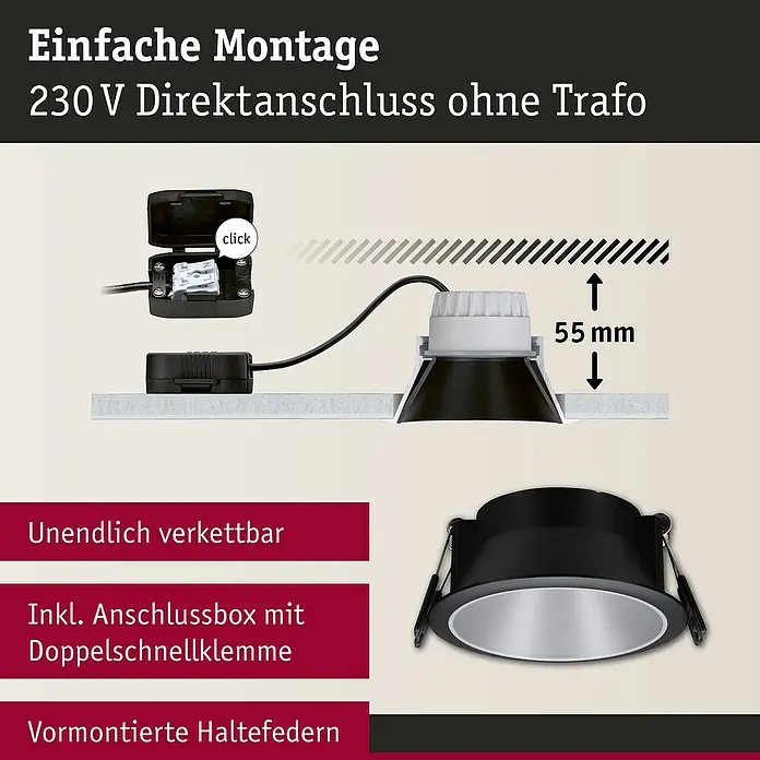 Paulmann LED-Einbauleuchte Cole - 6,5 W, Schwarz/Silber, Warmweiß, 1 Stk. - Abbildung eines schwarzen Einbaustrahlers mit Direktanschluss, einfache Montage und vormontierten Haltefedern. Inklusive Anschlussbox.