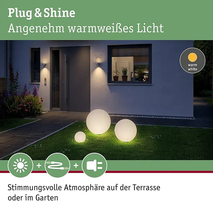 Paulmann Plug & Shine LED-Außenleuchte - Durchmesser: 40 cm, 1-fach, Warmweiß, IP67 - Das Bild zeigt eine stilvolle Außenbeleuchtung mit warmweißem Licht, die eine angenehme Atmosphäre auf Terrasse oder im Garten schafft.