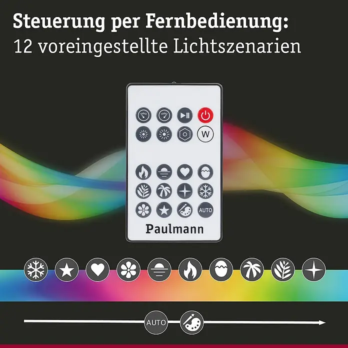 Paulmann LED-Lichtleiste - L x B x H: 30,5 x 3 x 3 cm, Lichtfarbe: RGB, 5 V, 2 Stk. - Abbildung einer Paulmann-Fernbedienung zur Steuerung von 12 voreingestellten Lichtszenarien, die eine einfache und bequeme Anpassung ermöglicht.